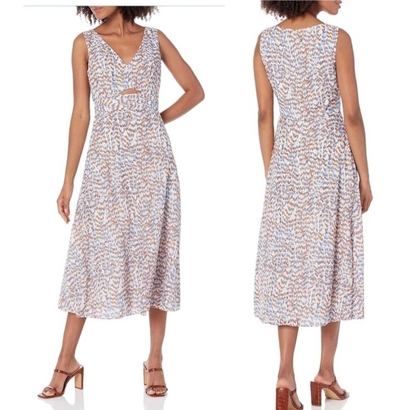 THEORY Abstract Print A-Line Sleeveless V-Neck Cut-Out Cocktail Midi Dress NEW - Picture 3 of 15